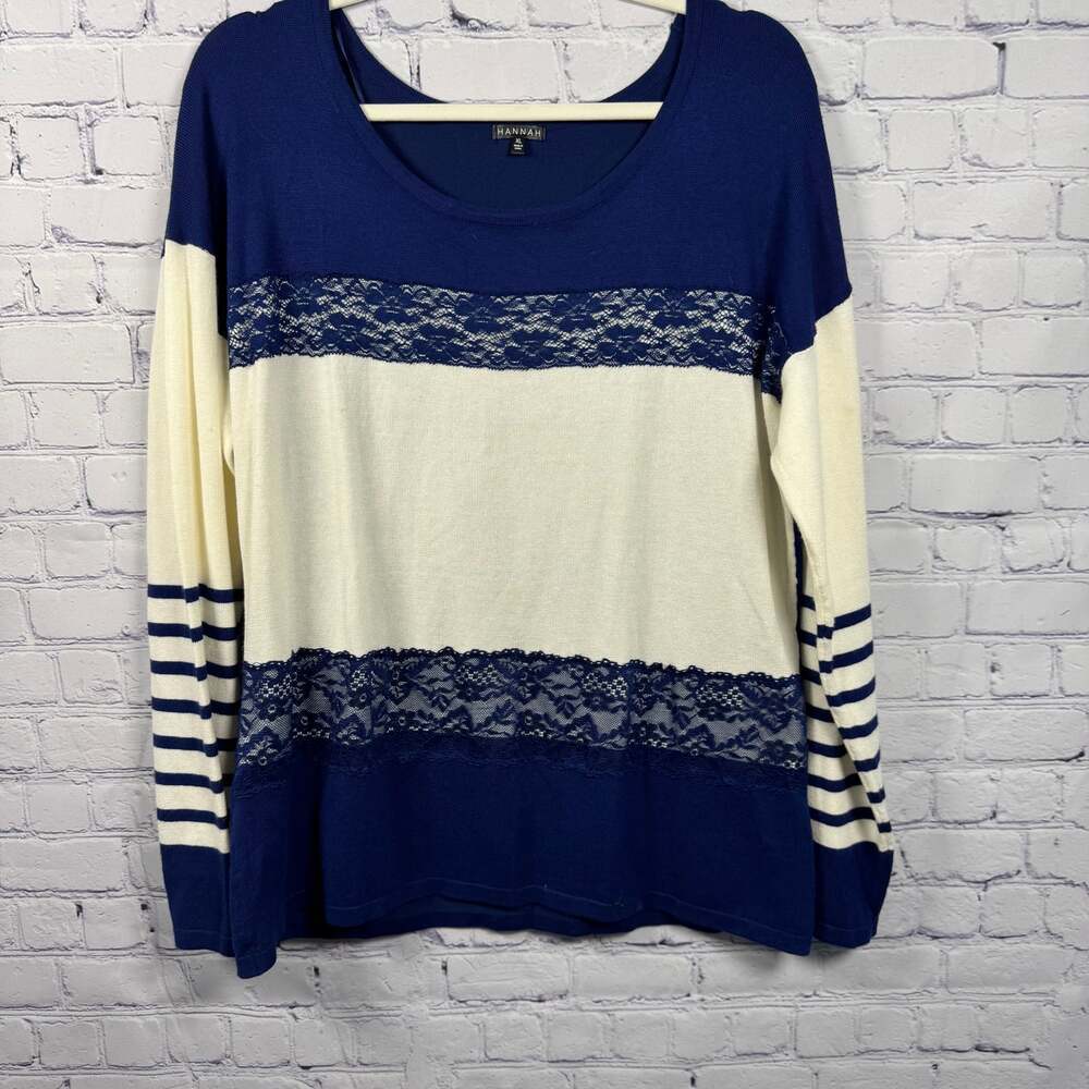 HANNAH Blue Striped With Hem Lace,XL,Cute Trim,Long Sleeve - Picture 2 of 6
